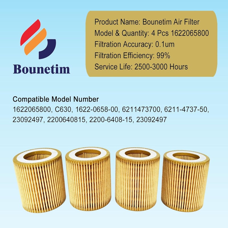 Bounetim 4 Pcs 1622065800 Air Filter Cartridge Fit for Atlas Copco Air Compressor Replacement Filtration Element C630 23092497 2200640815 6211473750 1622-0658-00 2200-6408-15 6211-4737-50 G GX GA4 5FF - Image 4